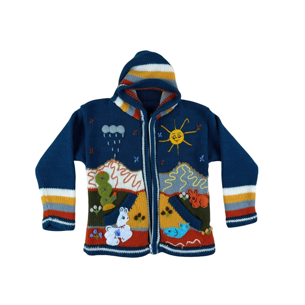 Kidcore Whimsical Hooded Sweater Wool Embroidered Llama Sun Kids S Unbranded